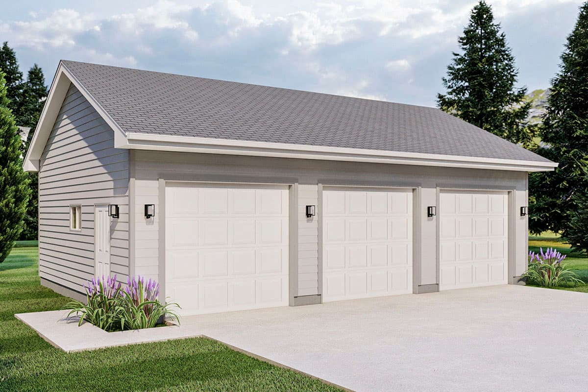 House plan exterior. One-story garage with three bays and gabled roof. Features include siding, an entry door, and exterior sconces.