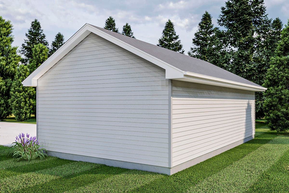 Modern house plan exterior, single-story, horizontal siding, gable roof, white trim.