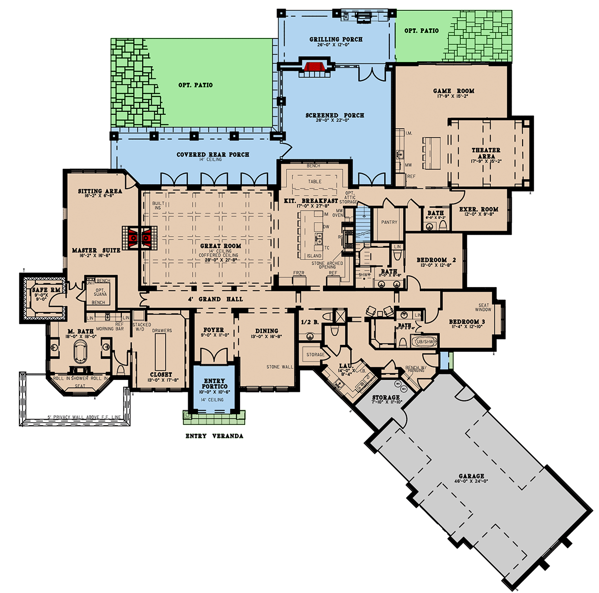 Plan 70807MK: 3-Bed Mediterranean House Plan with Game room and Luxurious Master Suite - Floor Plan - Main Level - European, Tuscan