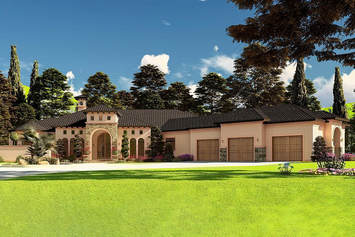 House plan exterior. One-story Mediterranean style home with a barrel tile roof, arched entry, and three-car garage. Stone accents and landscaping.
