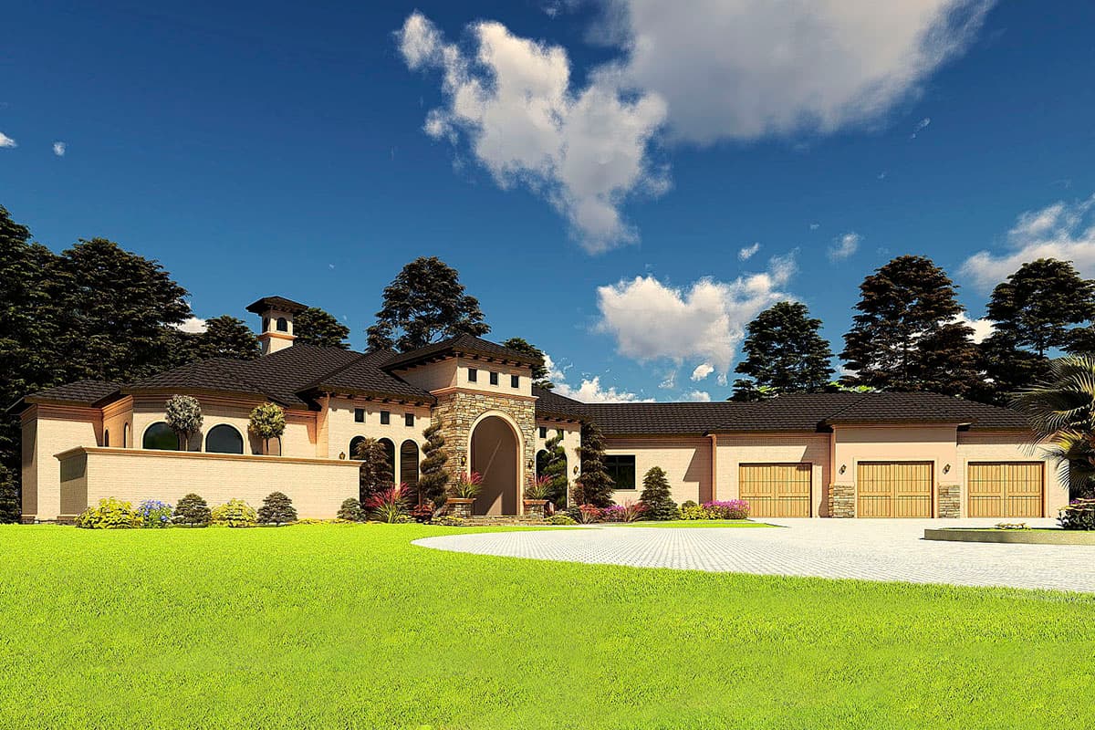 House plan exterior: Mediterranean style, single-story, arched entryway, arched windows, and a three-car garage.