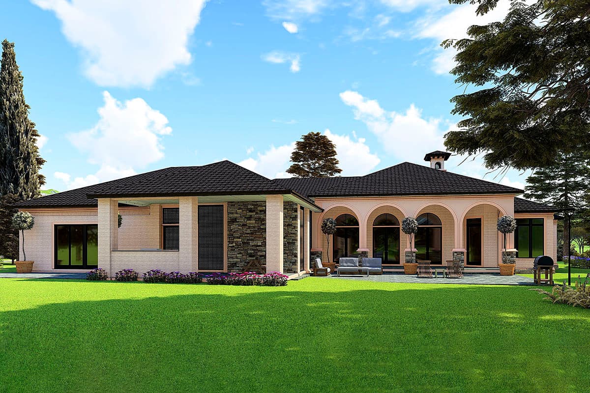 House plan exterior with a low-pitched roof, stone accents, covered patio with columns, and arched window openings.