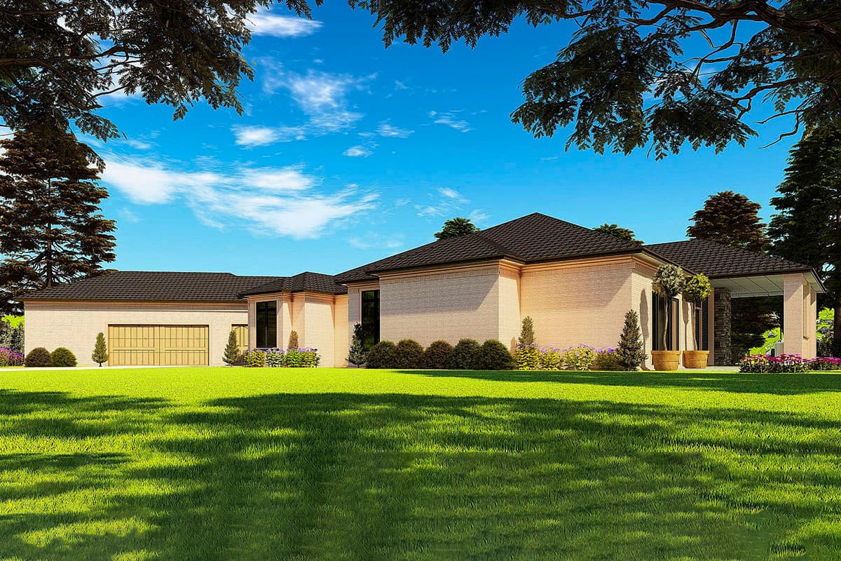 House plan exterior rendering of a single-story Modern home with a three-car garage, expansive lawn, and covered patio.