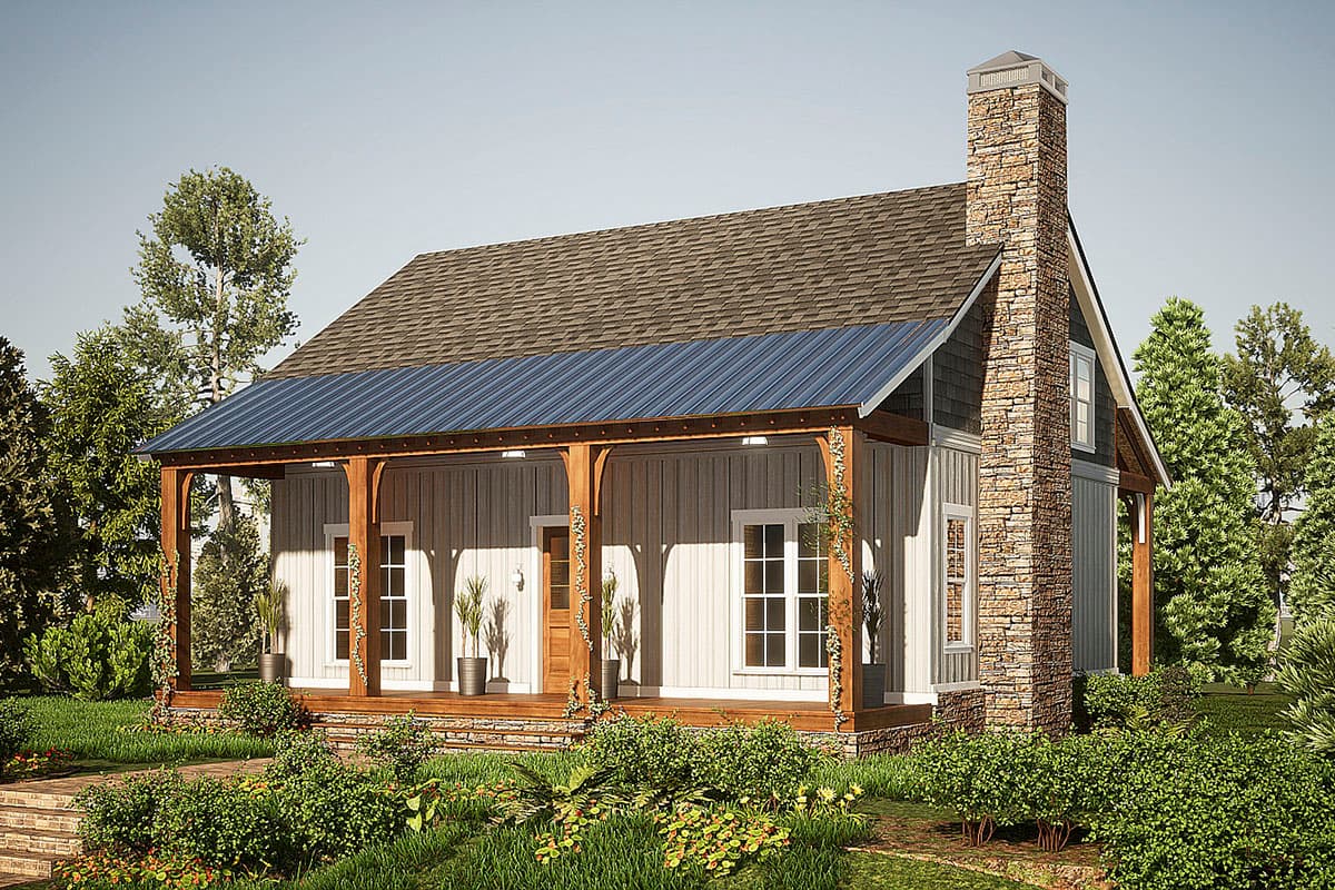 House plan exterior. One-story farmhouse with a covered porch, board and batten siding, and a stone chimney extending above the roofline.