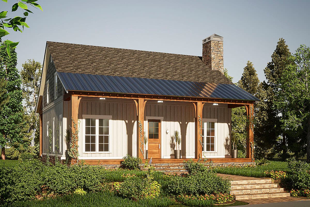 House plan exterior: two-story Modern Farmhouse with covered porch, stone chimney, and gabled dormer.