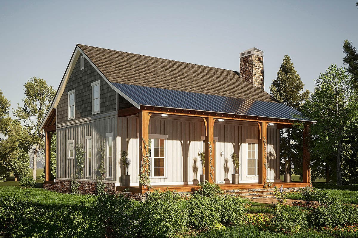 House plan exterior of a two-story Modern Farmhouse with a covered porch, stone foundation, and prominent gables.