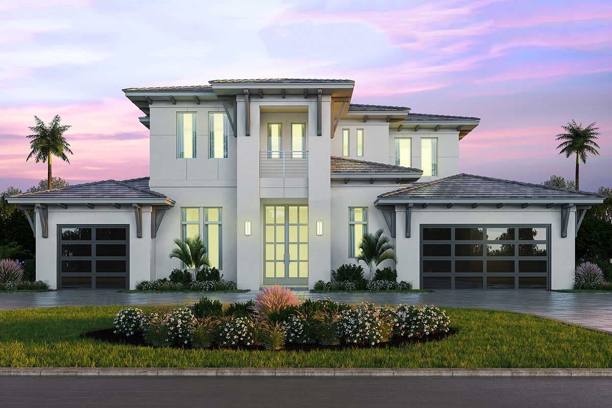 House plan exterior with two stories, modern style. Features include two garage bays with glass doors, a flat roof, and a balcony.
