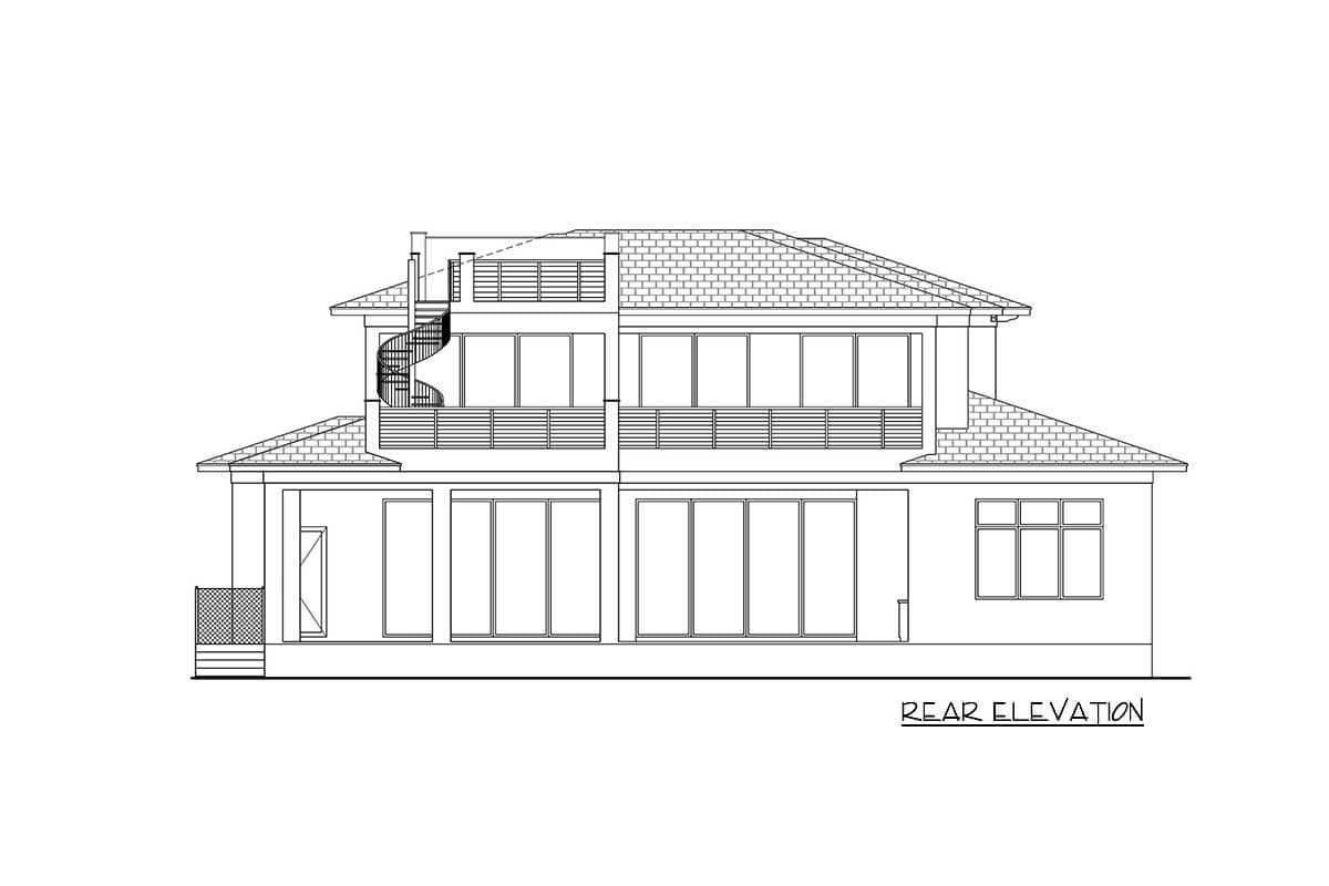 Rear elevation drawing of a two-story house with a spiral staircase, multi-panel windows, and a tiled roof.