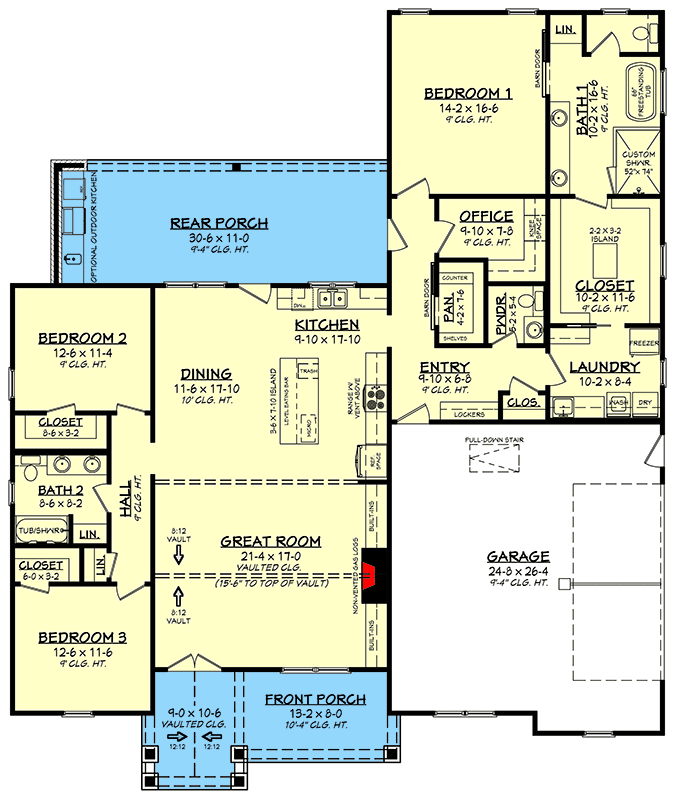 Plan 51864HZ: One-Story New American House Plan with Home Office and Outdoor Kitchen - Floor Plan - Main Level - Country, Craftsman, Modern Farmhouse, New American, Southern, Traditional