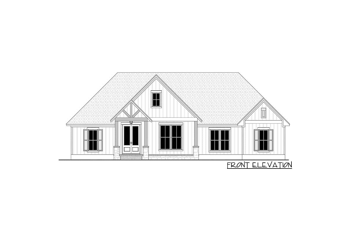 Front elevation drawing of a single-story house plan with a prominent gabled entrance, wide eaves, and multiple windows.