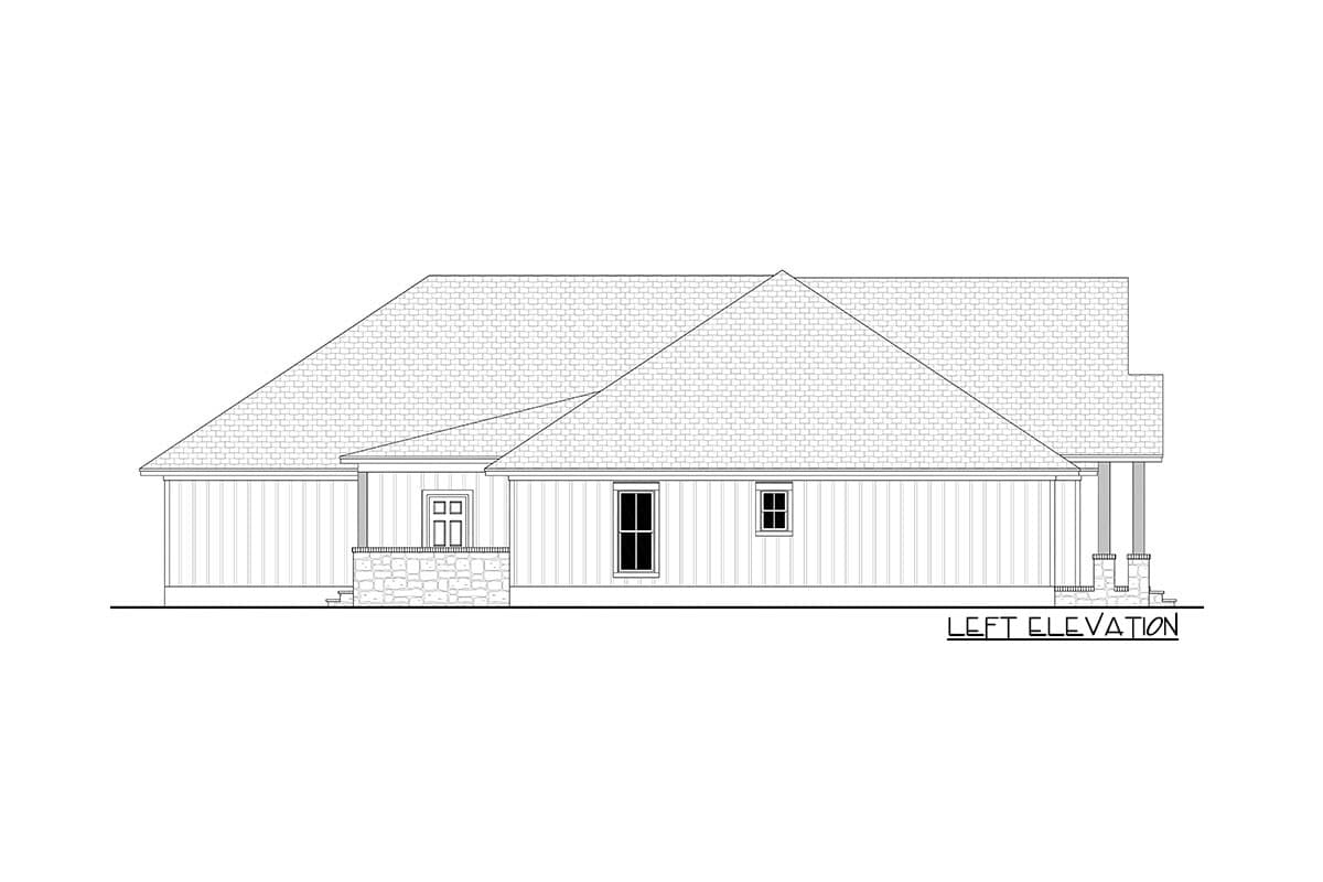 Left elevation house plan with pitched roof, stone foundation, double door, and two windows.