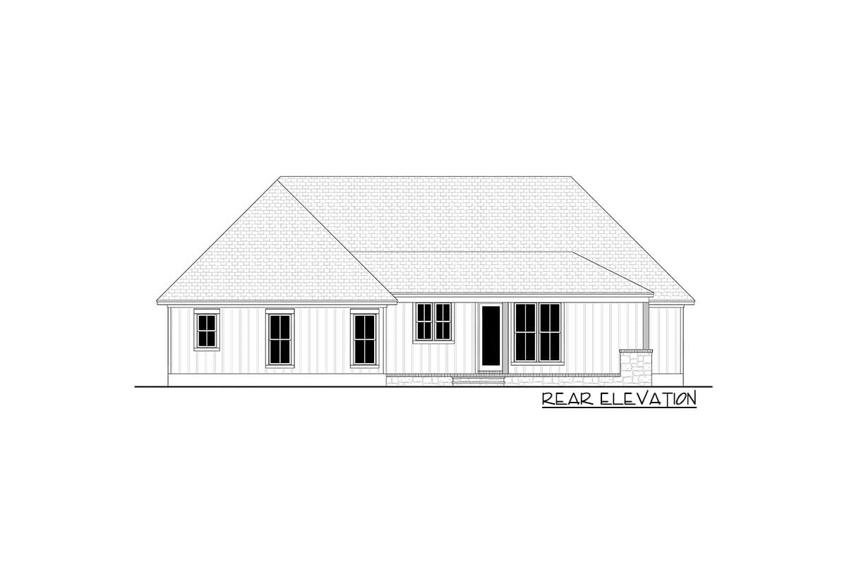 Rear elevation drawing of a one-story house plan with multiple windows and a covered entry.