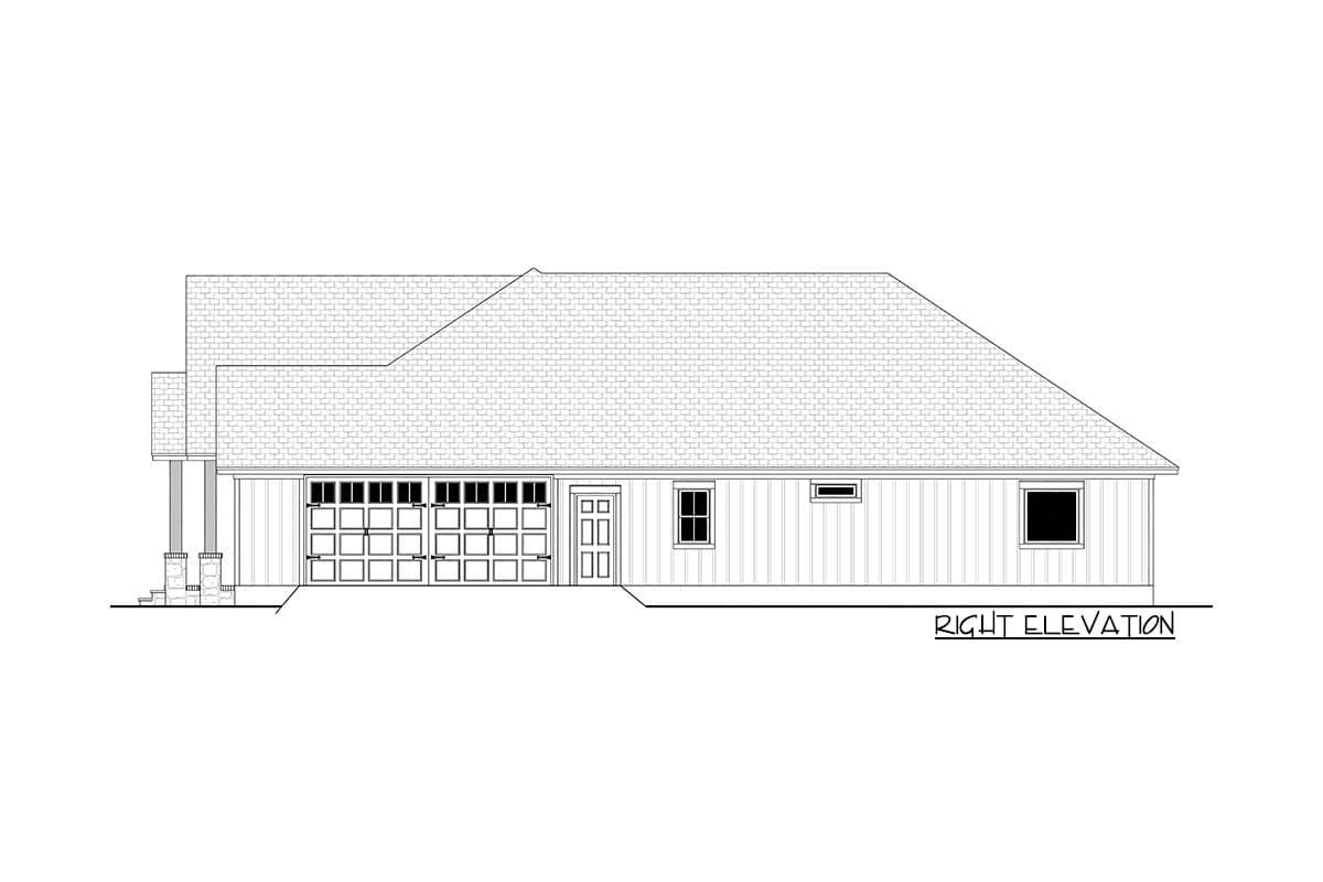 Right elevation of a house plan showing a hip roof, two-car garage door, entrance door, and windows.
