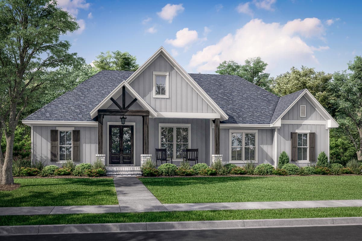 House plan exterior. One-story Modern Farmhouse with gable roof, covered porch with exposed beams, and board-and-batten siding.