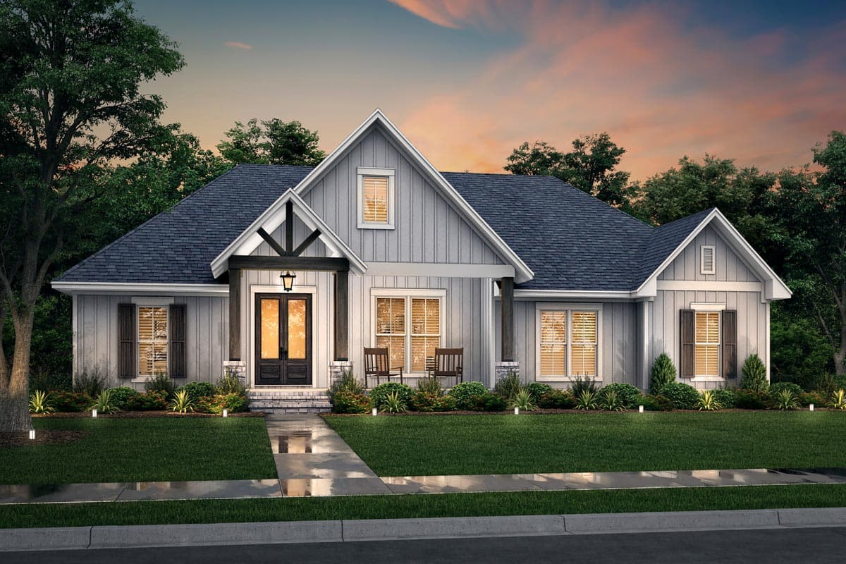 Modern Farmhouse house plan exterior with gables, dormers, covered porch, and double front doors.