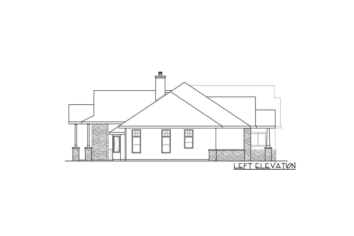 Left elevation drawing of a single-story house plan featuring a prominent gable, stone accents, and a covered porch with square columns.