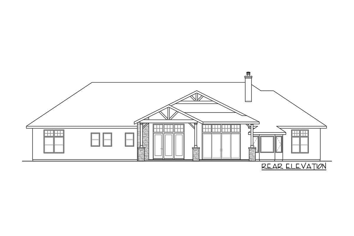 Rear elevation house plan with a prominent gabled porch, double doors, and large windows.