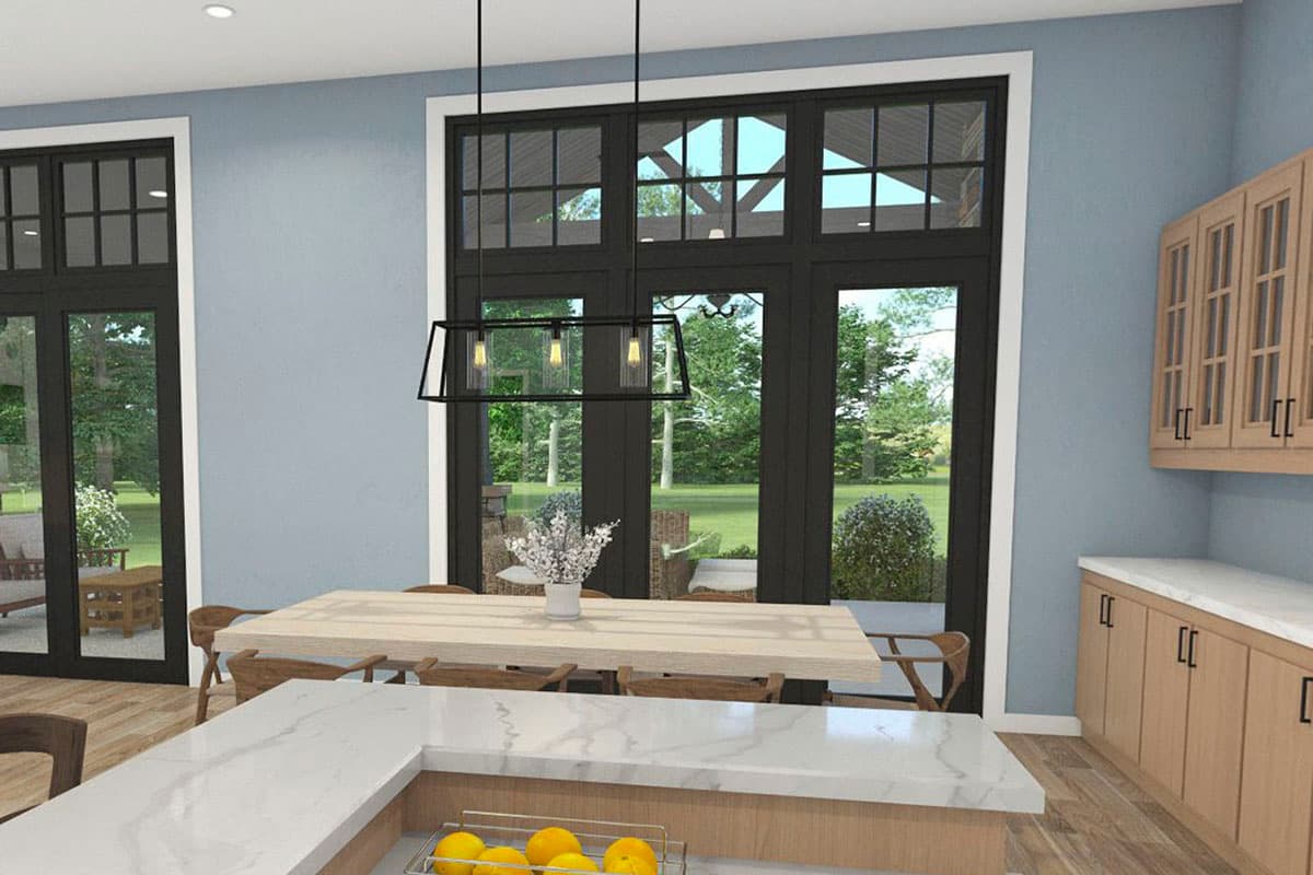 Interior rendering of dining area and kitchen with large windows, island, and wood cabinetry.