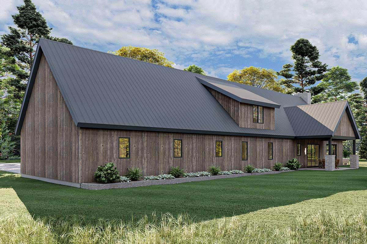 Modern Farmhouse style house plan exterior with a prominent gable roof, vertical wood siding, and a covered porch.