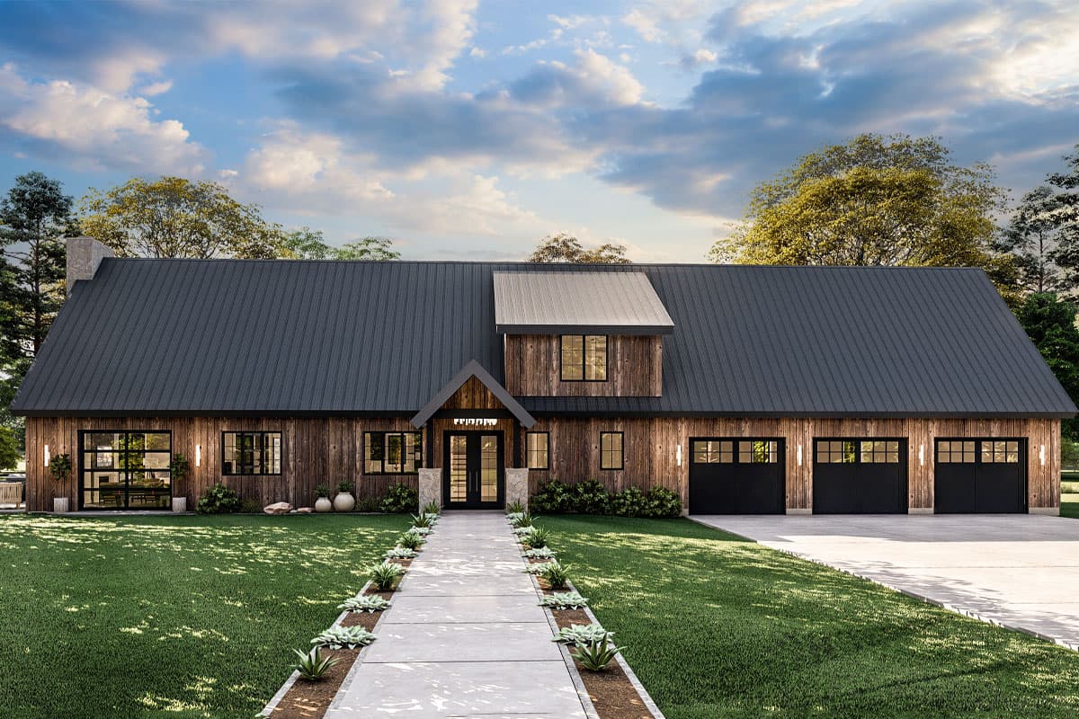 House plan exterior with board and batten siding, metal roof, and three-car garage. Features a gabled entry and dormer.