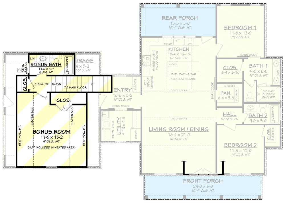 Plan 51865HZ: 2-Bedroom Modern Farmhouse Dream Home Plan with Bonus Over Garage - 1448 Sq Ft - Floor Plan - Optionally Finished Bonus Level - Cottage, Country, Farmhouse, Modern Farmhouse, New American, Southern
