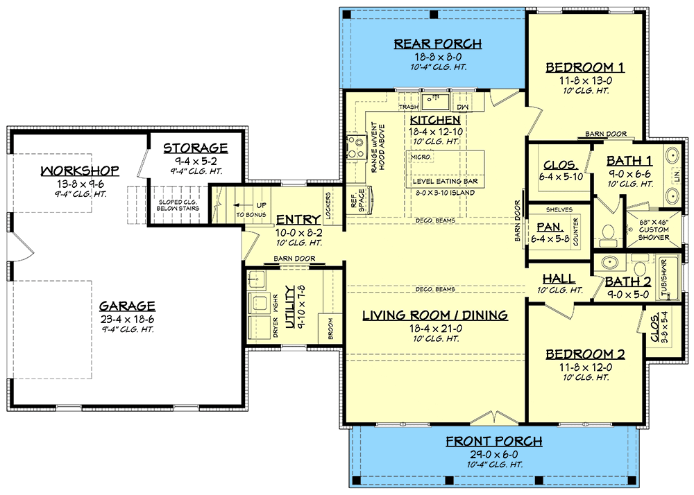 Plan 51865HZ: 2-Bedroom Modern Farmhouse Dream Home Plan with Bonus Over Garage - 1448 Sq Ft - Floor Plan - Main Level - Cottage, Country, Farmhouse, Modern Farmhouse, New American, Southern
