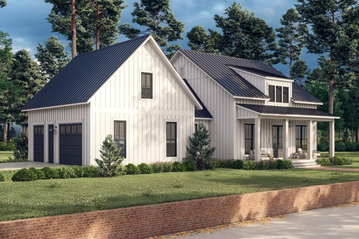 Modern Farmhouse house plan exterior with white board and batten siding, gabled rooflines, and a covered front porch.