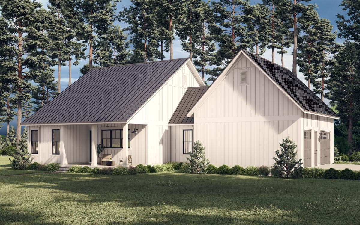 Modern Farmhouse house plan exterior with board and batten siding, metal roof, covered porch, and a side-entry two-car garage.
