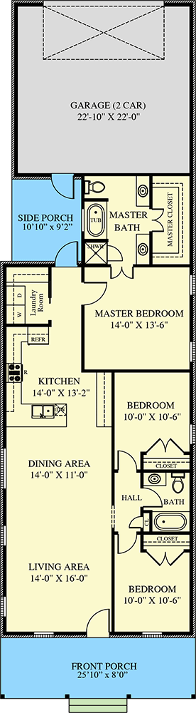 Plan 521000TTL: Narrow 3-Bed House Plan with a Rear-access Garage - Floor Plan - Main Level - Cottage, Country, Southern, Traditional
