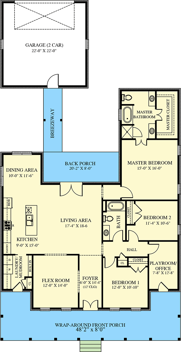 Plan 521006TTL: Exclusive Southern House Plan with Semi-Detached Garage - 2078 Sq Ft - Floor Plan - Main Level - Acadian, Louisiana-Style, Southern, Traditional