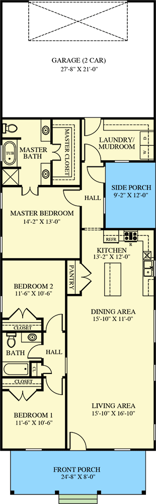 Plan 521010TTL: 3-Bed Narrow Cottage House Plan Under 30' Wide - Floor Plan - Main Level - Cottage, Country, New American, Southern, Traditional, Vacation
