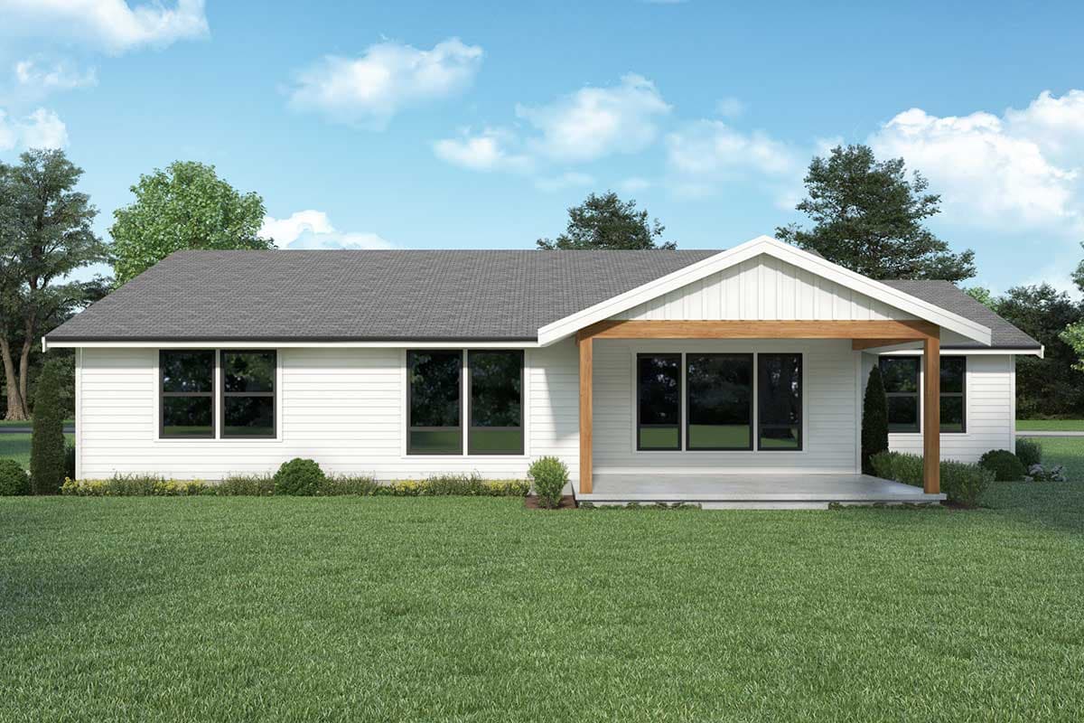 Ranch house plan exterior with gable roof, exposed beam porch, and horizontal siding.