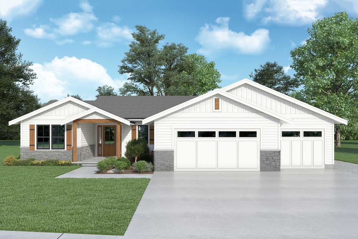 House plan exterior. Modern Farmhouse style with a single story, front-facing gables, porch, and a two-car garage.