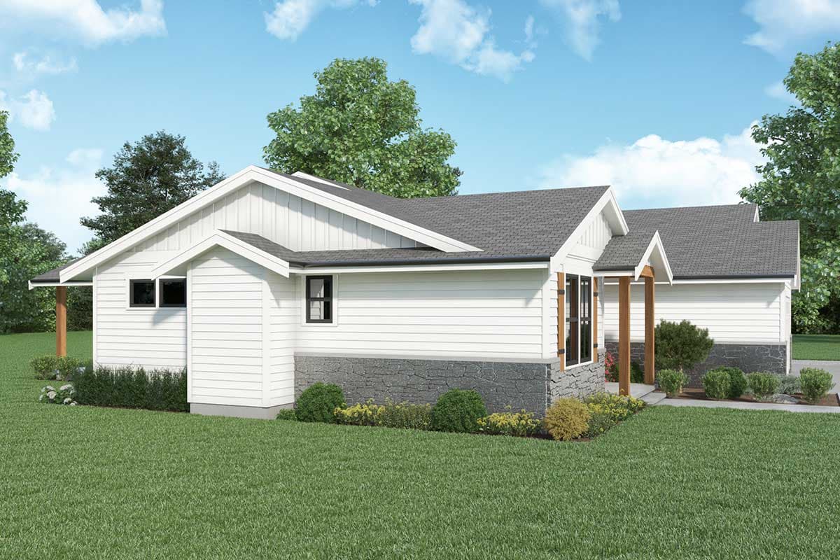Modern Farmhouse style house plan exterior featuring white siding, stone foundation, gables, and exposed wooden beams on porch.