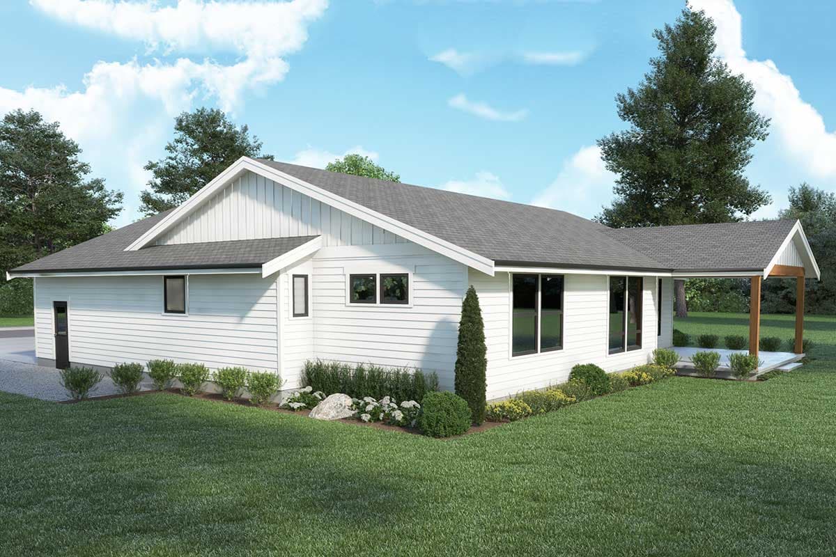 Modern Farmhouse house plan exterior, one story, white siding, gable rooflines, attached garage, and covered patio.