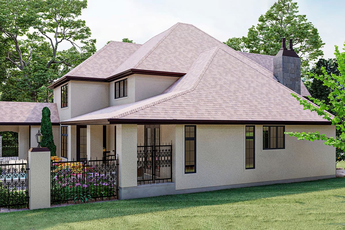 House plan exterior: Two-story home with textured stucco, hip roof, stone chimney, and covered porch.