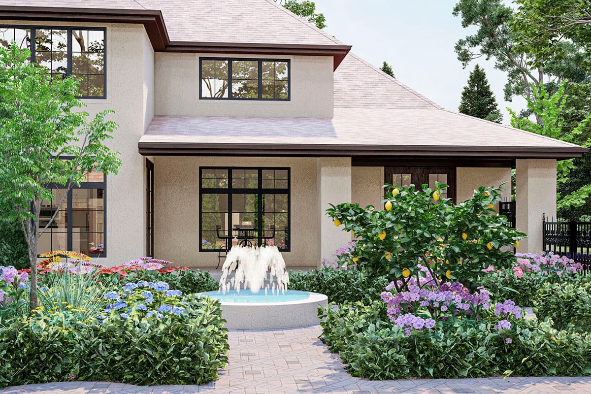 Two-story house plan exterior with stucco finish, multiple gables, covered porch, and a central fountain with landscaping.