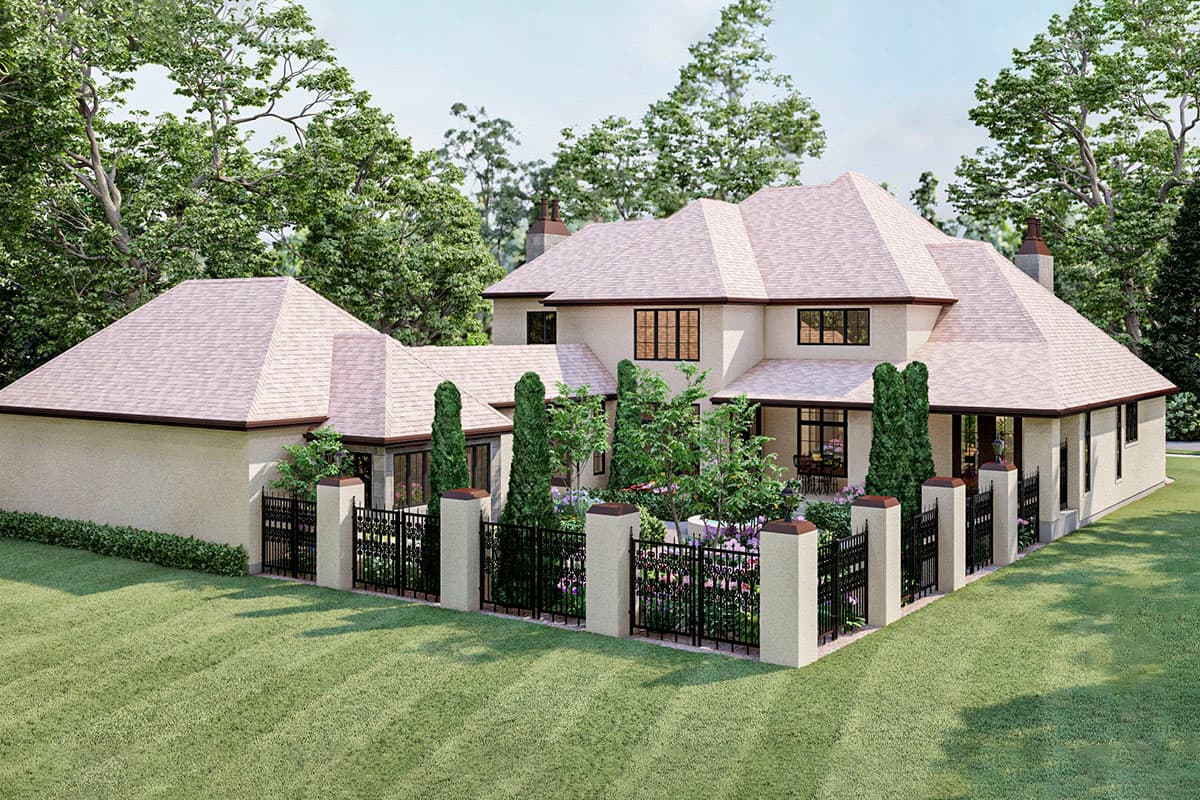 House plan exterior: Two-story stucco home with hip roof, prominent gables, and a covered porch.