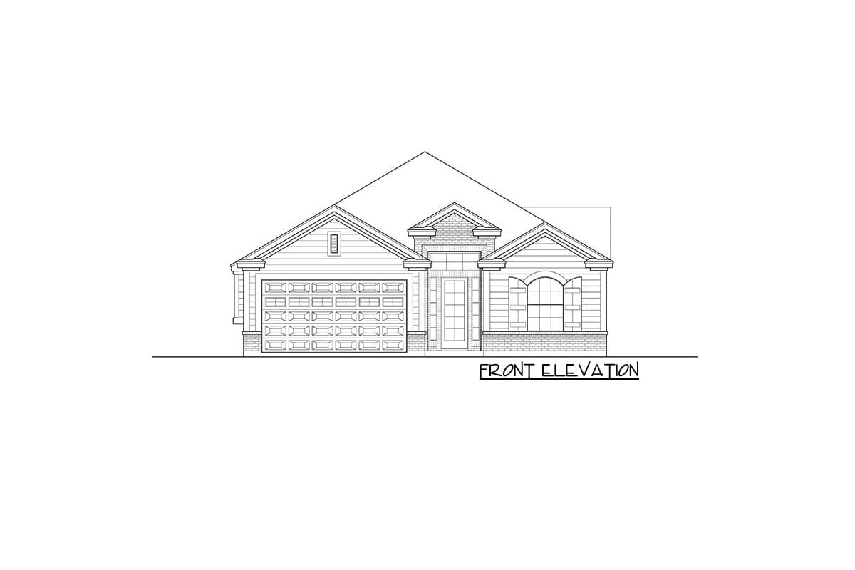 Front elevation drawing of a single-story house plan with a two-car garage, arched window, and covered entry.
