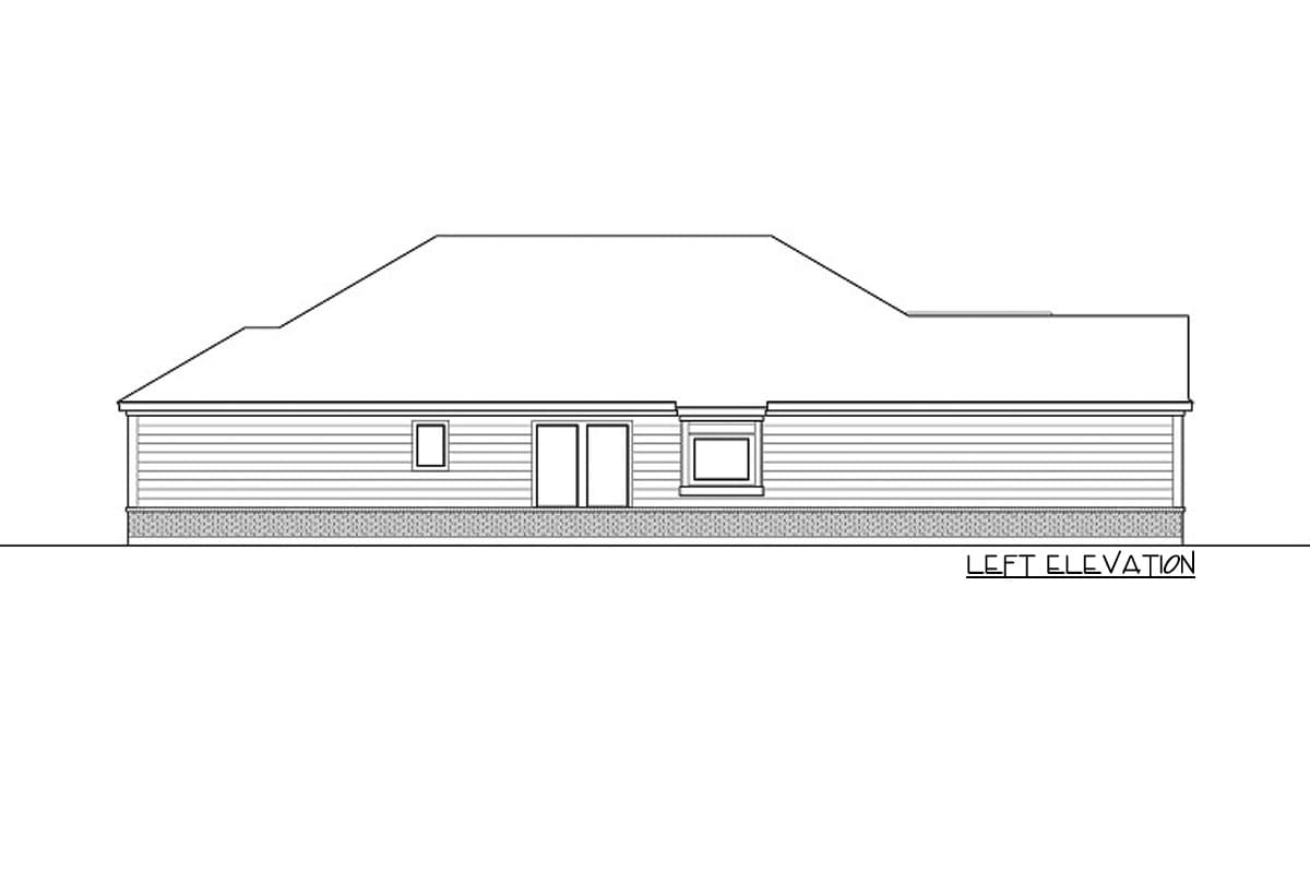 Left elevation drawing of a single-story house plan with vinyl siding, two windows, and double doors.