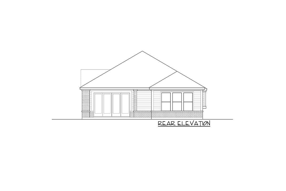 Rear elevation drawing of a house with a hip roof, double door, and three windows.