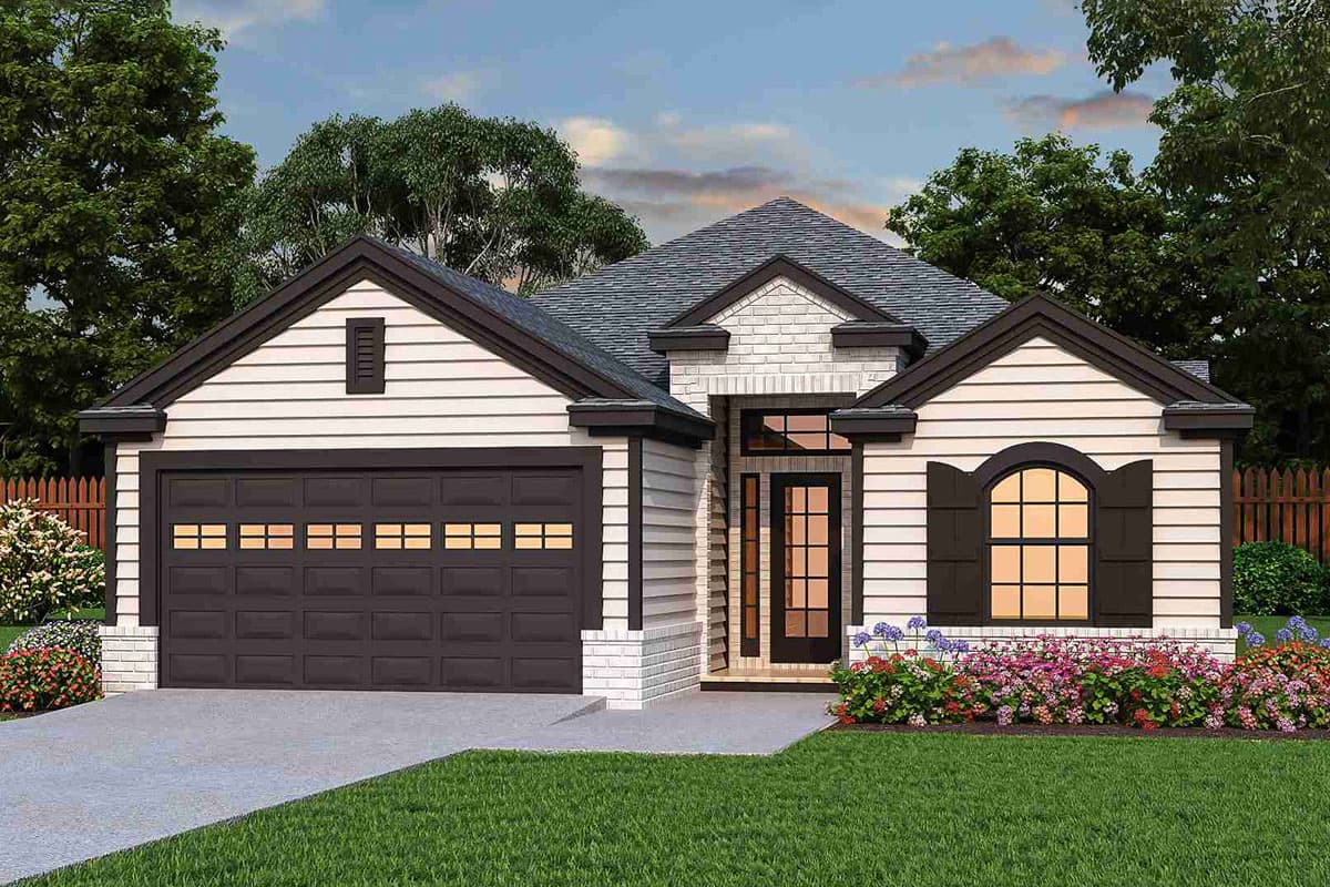 House plan exterior. Ranch style with a single story, featuring a front-entry garage, gabled roof, and arched window shutters.