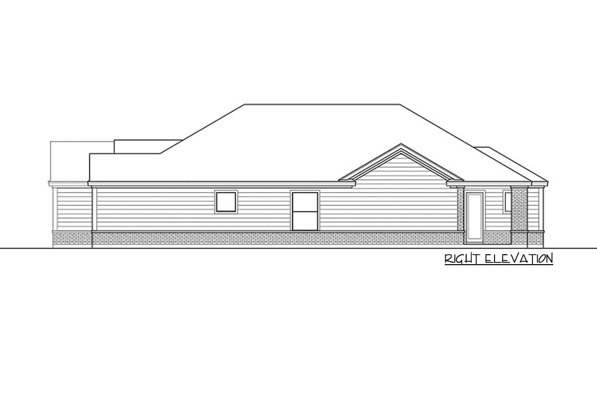 Right elevation drawing of a single-story house plan with horizontal siding, brick foundation, and a gabled roof.