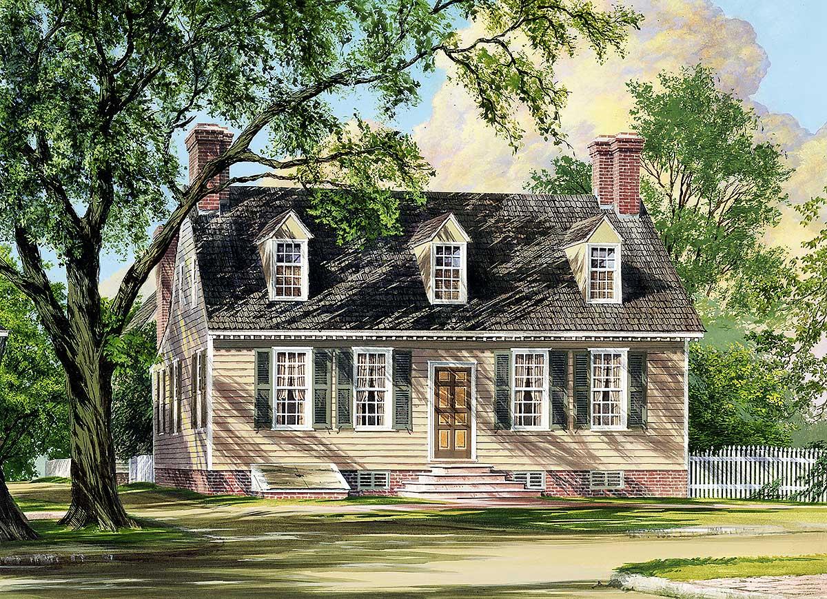 House plan exterior: Colonial style, two stories, gambrel roof with dormers, brick chimneys, clapboard siding.