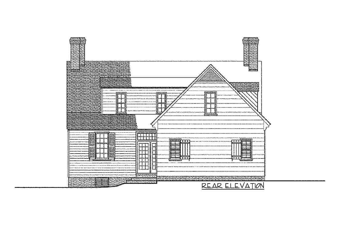 Rear elevation drawing of a two-story house plan with gambrel roof, dormers, two chimneys, and double front doors.