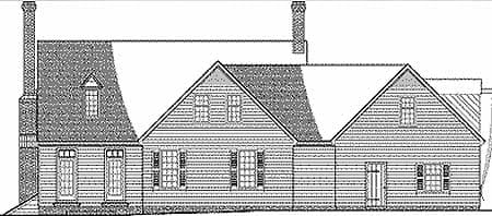House plan exterior drawing with multiple gables, dormer window, and prominent chimney.
