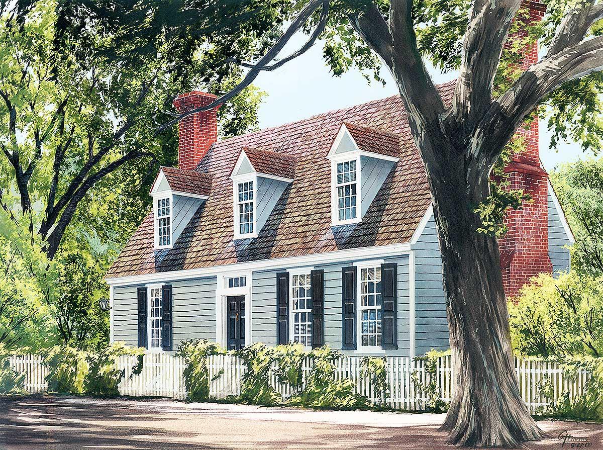 House plan exterior: Colonial style, two stories, dormer windows, brick chimney, and white picket fence.