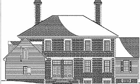 House plan rear elevation shows a two-story home with steeply pitched roof, two chimneys, and double French doors.