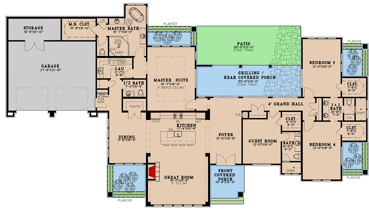 Plan 70809MK: Contemporary Ranch Home with Split-bedroom Layout - 3092 Sq Ft - Floor Plan - Main Level - Contemporary, Mid Century Modern, Prairie, Ranch