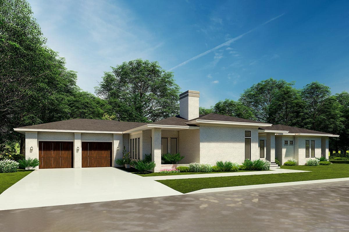 House plan exterior. Modern, one-story home with flat roof, brick facade, attached garage with wood doors, and a prominent chimney.